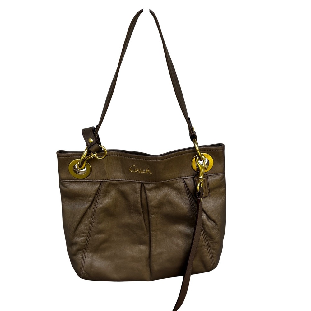 Coach Shoulder Bag Womens Medium Bronze Metallic Leather Pleated Gold Hardware - Picture 2 of 12